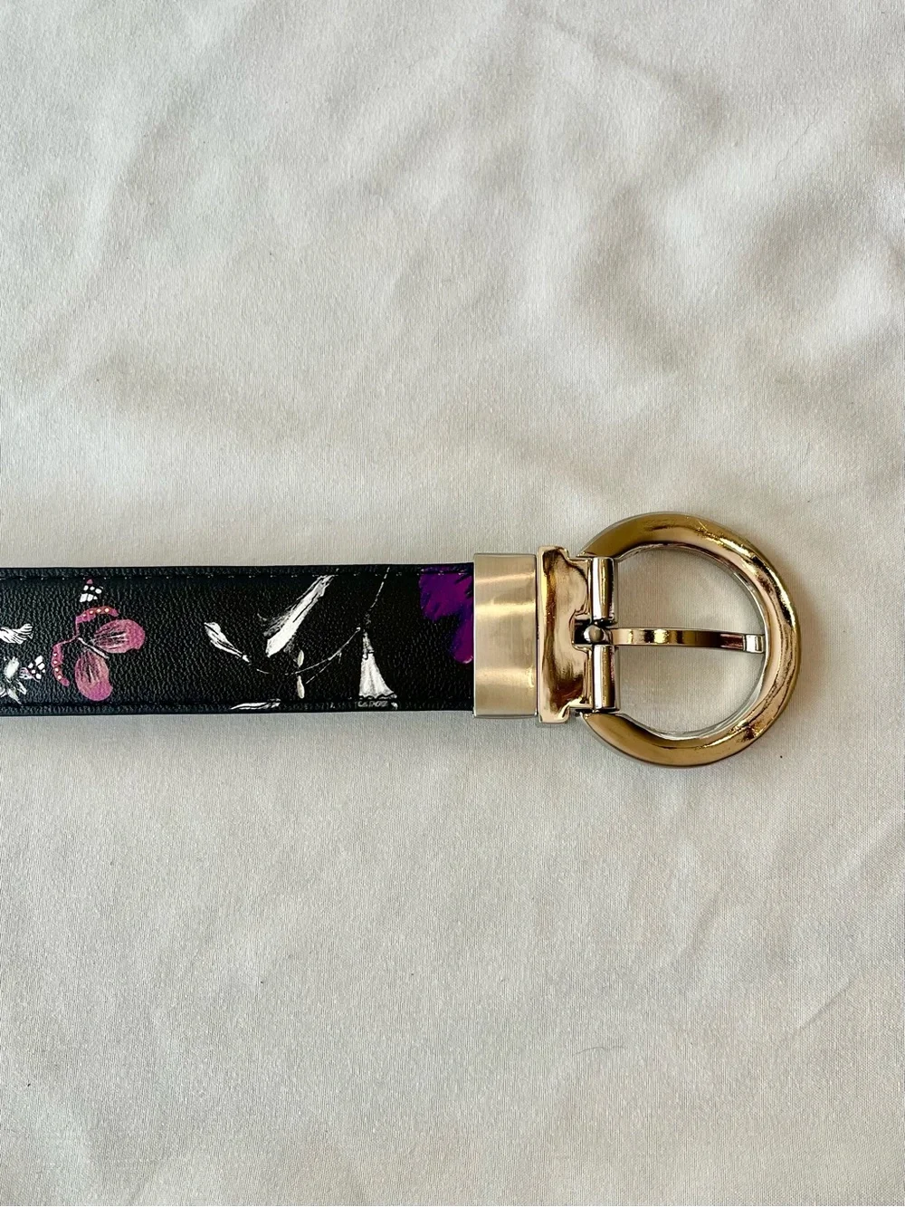 Reversible Black Floral Butterfly Women's Belt with Silver Round Buckle